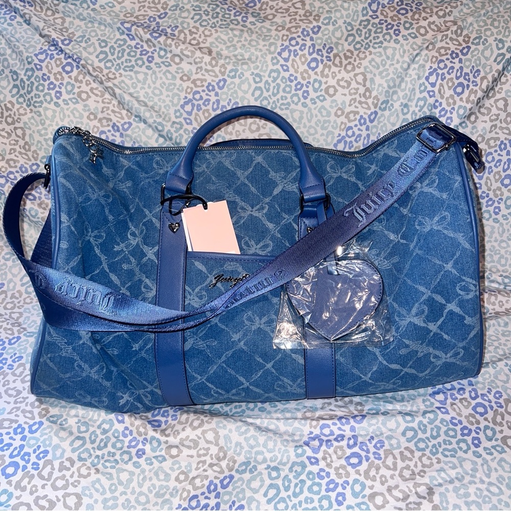 New Blue Juicy Couture Duffel Bag Bow Travel Denim Purse XL Weekender Ribbon